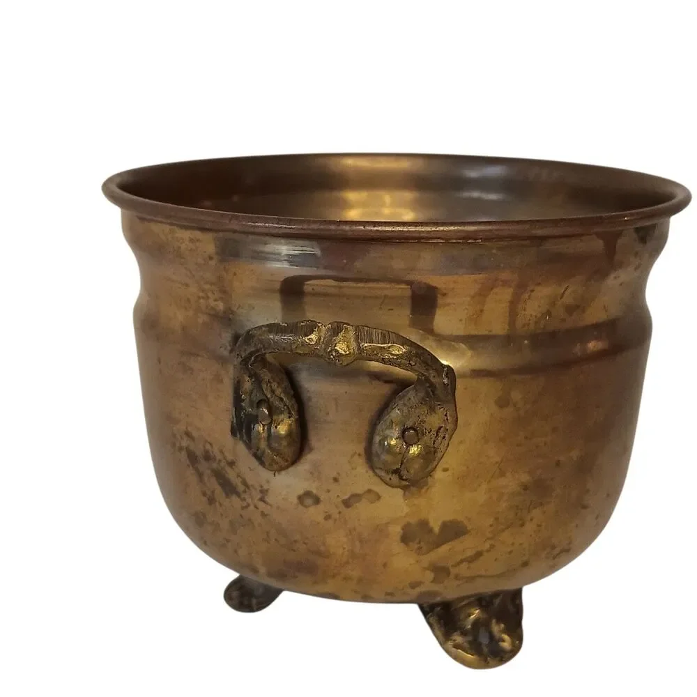 Vintage Small Copper Pot Planter Three Footed & Two Handles Patina 3.25